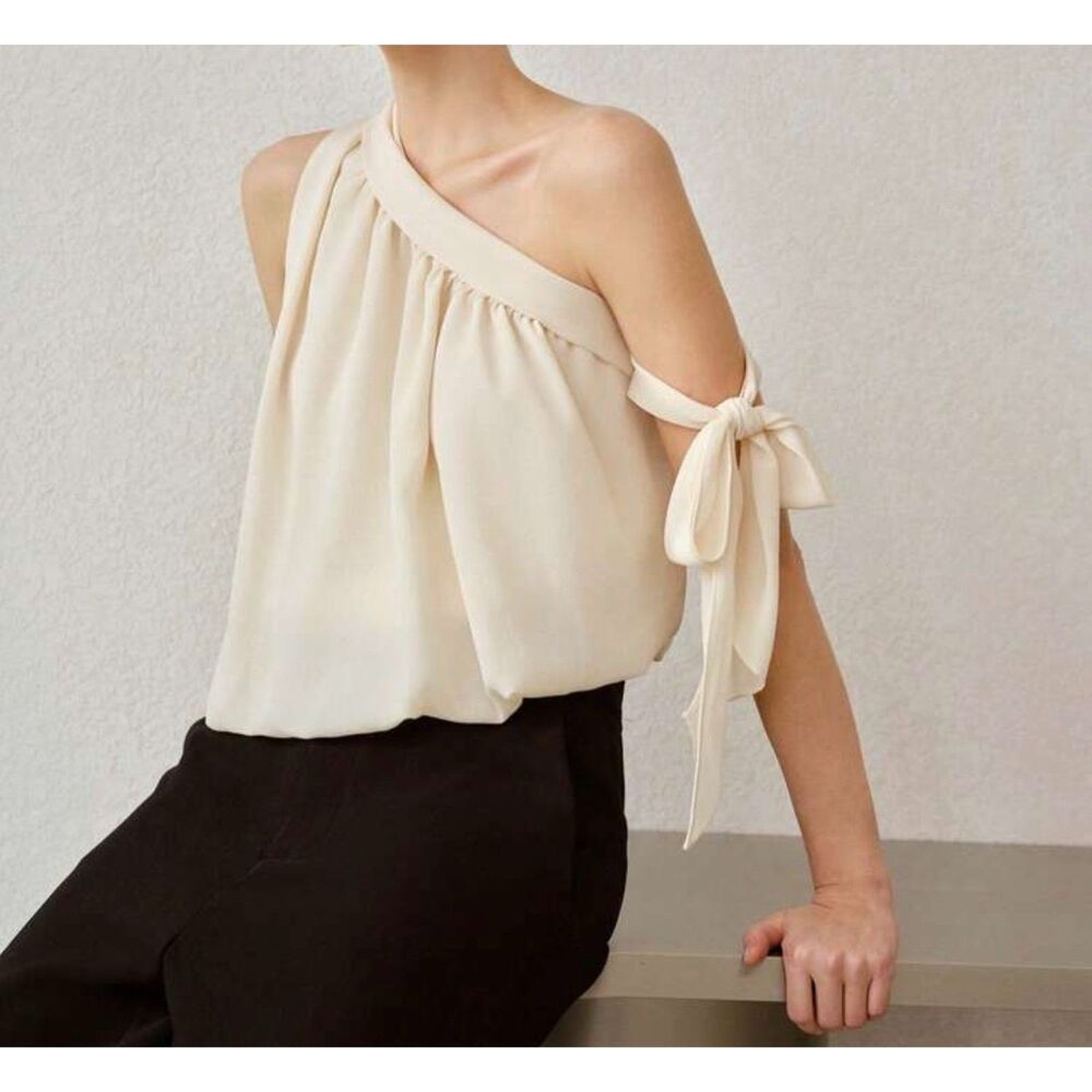 MOTF Premium One Shoulder Asymmetrical Chiffon Blouse Top Cream Bow Tie X